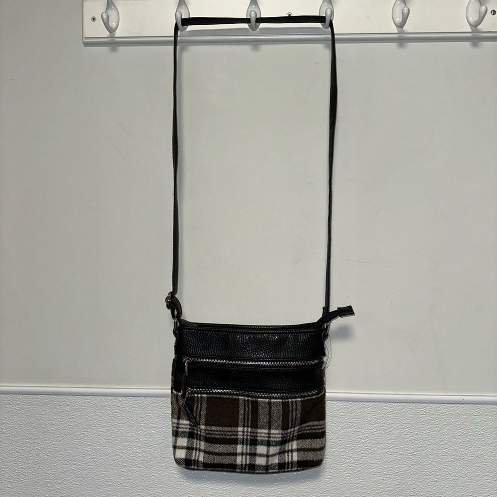 Black,White,Brown plaid crossbody bag with a zipper pocket inside zipper pocket - Picture 2 of 6